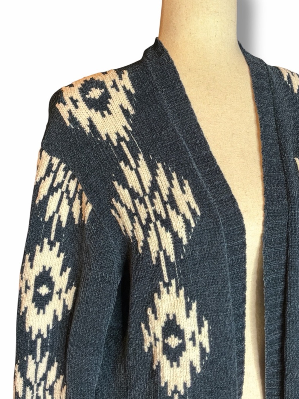 Lovestitch Blue Ikat Print Chenille Knit Long Open Front Cardigan Size Medium
